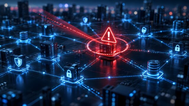 Central network server node flashing red warning alert under cyber attack in futuristic glowing blue digital database infrastructure