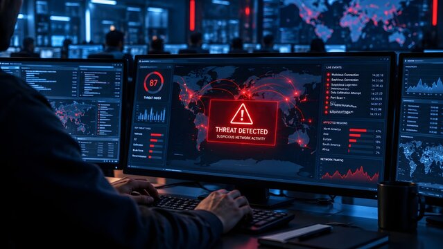 IT professional monitoring global cyber attacks on multiple computer screens displaying red threat detection alerts in dark security control center