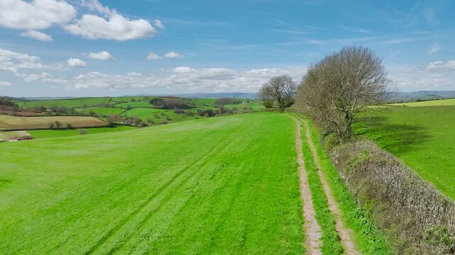 Fields and Farmlands at spring from a drone, Devon, England, United Kingdom