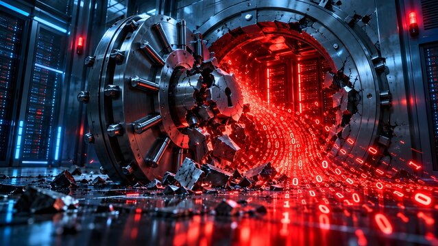 Broken heavy metal vault door leaking glowing red binary code representing catastrophic data breach and financial cybersecurity failure
