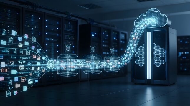 Conceptual illustration of digital data migration to cloud storage in a modern server room, featuring glowing file icons and high-speed network streams flowing into a cloud symbol for backup.