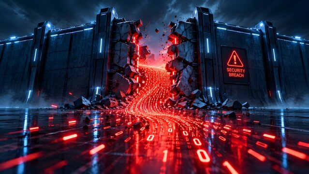 Massive futuristic firewall cracked open with flowing river of red binary code representing catastrophic network security breach