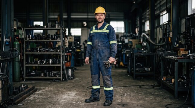 Industrial Maintenance Worker Wearing Safety Gear in a Heavy Manufacturing Workshop