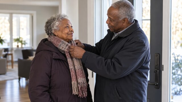Elderly black man adjusting sister s winter scarf inside home, showing sibling care and warmth in colder weather. concept of family bonds, winter clothing, and elder care
