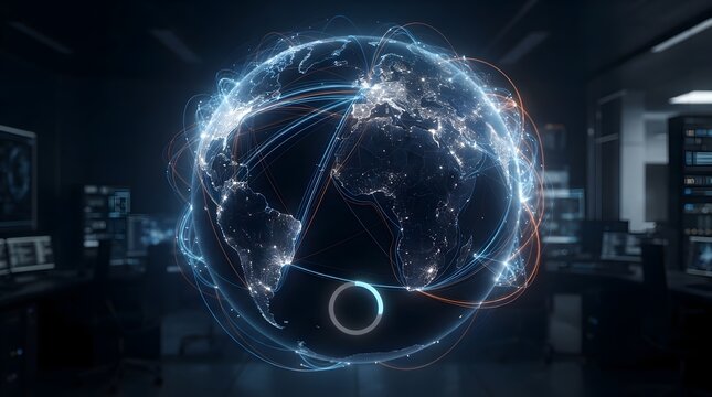 Global digital network synchronization with a glowing holographic planet earth featuring interconnected data lines and fiber optic communication paths in a high-tech dark server room environment.