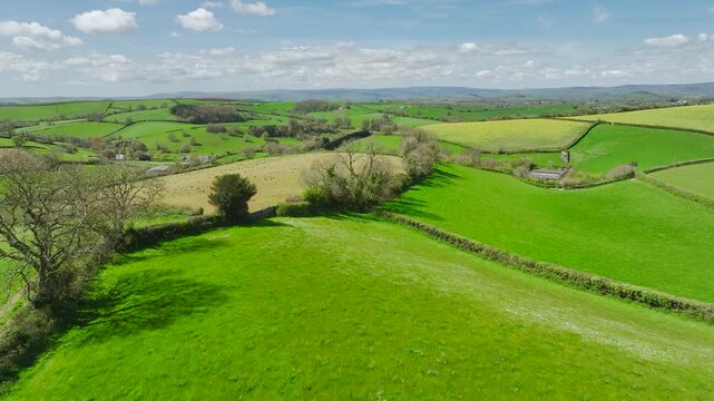 Fields and Farmlands at spring from a drone, Devon, England, United Kingdom