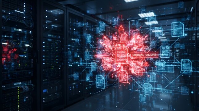Conceptual digital visualization of a system failure and database error in a high-tech server room with glowing red warning indicators and critical alert message on virtual screen background.