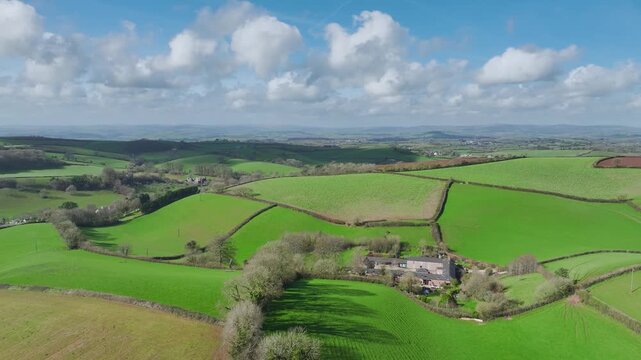 Fields and Farmlands at spring from a drone, Devon, England, United Kingdom