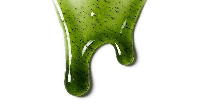 Thick green gel serum with exfoliating particles dripping down isolated on white background