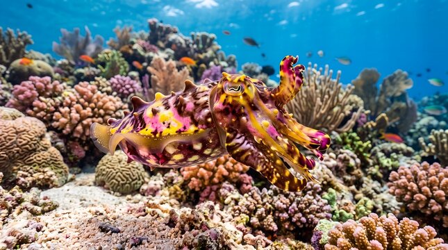 colorful flamboyant cuttlefish swimming around beautiful coral reef