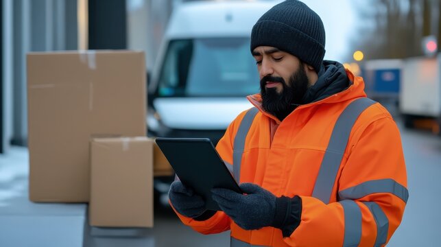 Delivery worker reviewing shipping information on tablet with cardboard boxes and cargo van parked nearby on city street