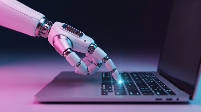 Close-up of a futuristic robotic hand typing on a laptop computer with artificial intelligence robotic arm automation technology future technology keyboard typing high tech