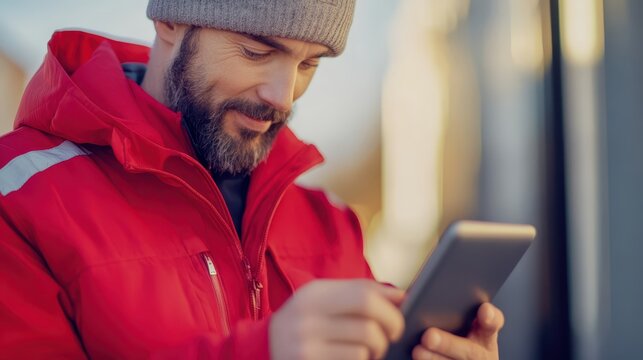Man wearing red winter jacket and grey beanie using digital tablet outdoors in the cold city