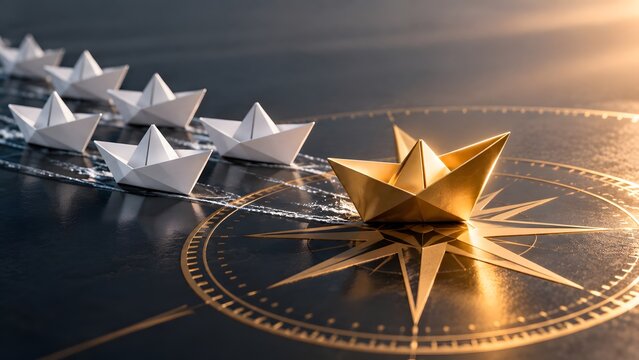 Professional conceptual image of a golden paper boat leading a fleet of white boats on a large compass rose, symbolizing leadership, business vision, strategic direction, and corporate success.