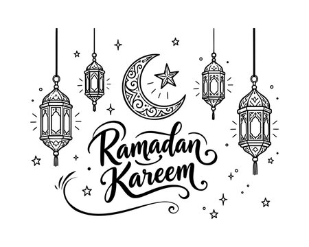Beautiful Hand Drawn Ramadan Kareem Greeting Card With Hanging Lanterns