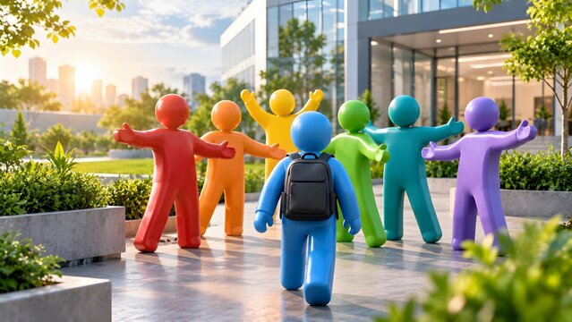 Diverse group of colorful 3D characters welcoming a new student or colleague with a backpack in a modern outdoor campus setting during sunset, representing inclusion and community support.