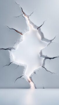 Abstract white wall with large center crack and glowing light background texture
