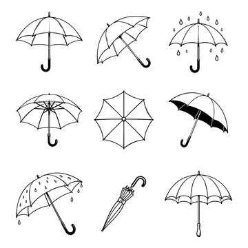 Various Hand Drawn Open And Closed Umbrellas For Rainy Season