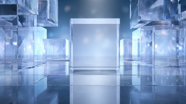 Abstract background featuring translucent glass cubes arranged in 3d space with soft blue lighting and reflective surfaces