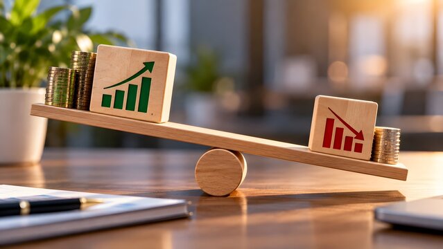Conceptual balance scale on a wooden desk representing financial profit and loss with wooden blocks showing green upward growth and red downward decline charts alongside gold coin stacks.