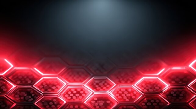 Abstract glowing red hexagon grid pattern on dark background technology design concept