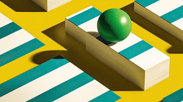 Geometric composition featuring a green sphere on a textured yellow background