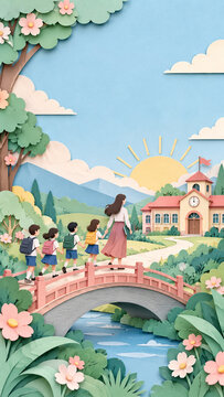 Paper Cut Children Walking Across Bridge To School