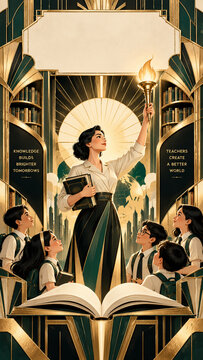 Art Deco Teacher Holding Torch Of Knowledge With Students