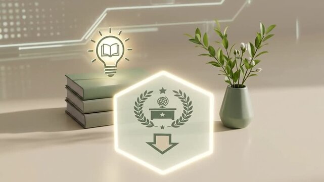 Glowing lightbulb book icon hovering over stack of textbooks next to vase