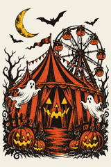 Vintage Halloween Carnival with Haunted Circus, Ghosts and Pumpkins Illustration © Gusnil