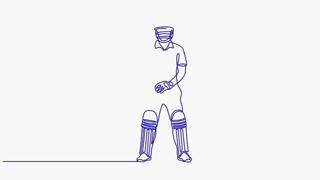 Continuous glowing blue line art animation of a cricket batsman standing ready with his bat.