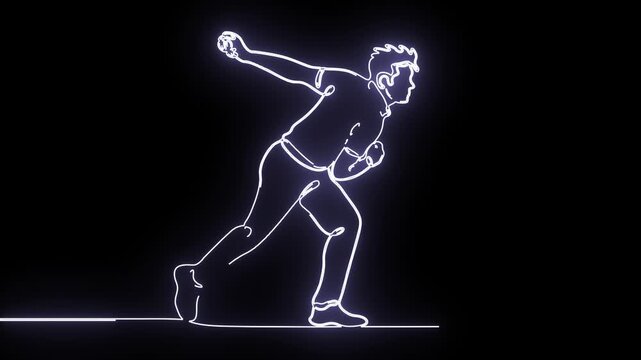 Continuous glowing white line art animation of a cricket bowler delivering the ball.
