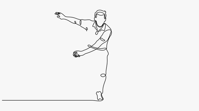 Continuous line art animation of a cricket bowler delivering the ball facing forward on white.