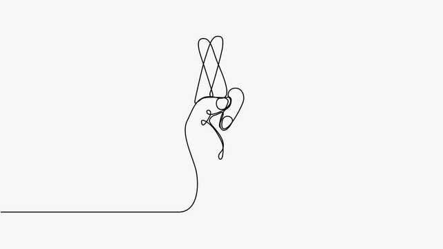 Continuous line art animation of a hand with fingers crossed for good luck on white.   