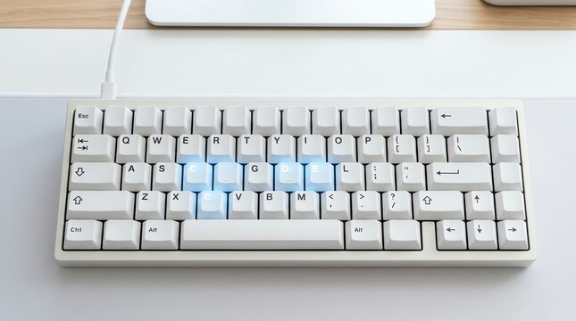 Minimalist white mechanical keyboard with glowing light blue backlit keycaps on a clean desk workspace setup for gaming and office