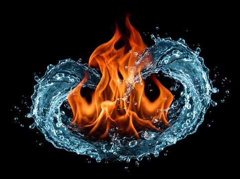 Fire and Water Splash Collision on Black Background - Dramatic High-Speed Photography of Opposing Elements, Steam, Droplets, and Energy in Abstract Conceptual Art