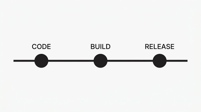 Software development lifecycle diagram illustrating the process from code to build and release stages in a minimalist style