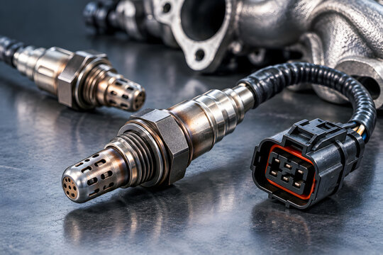 Automotive Oxygen Sensor with Electrical Connector on Workshop Bench