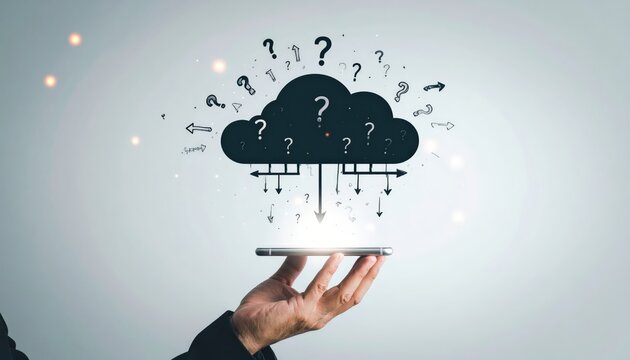 hand holding a small digital device a dark cloud