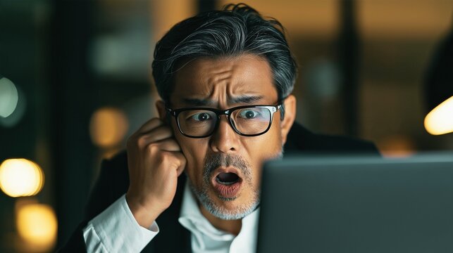 Middle-aged businessmen looking at their computers in shock (overtime, problems, anxiety)