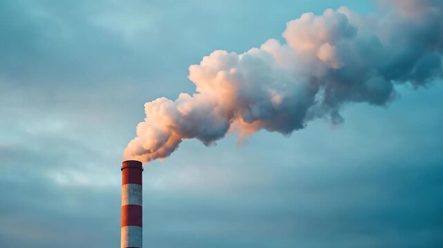 Industrial Smoke Stack Emitting Thick Exhaust Plumes into the Blue Sky