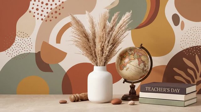 Minimalist interior setup with pampas grass vase and globe on table
