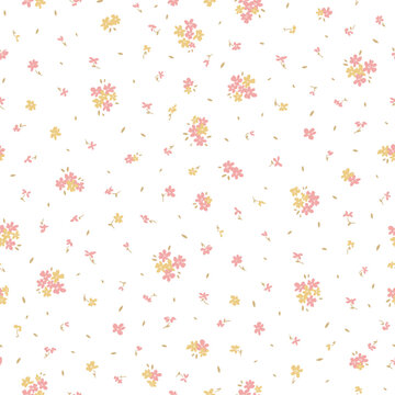 Ditsy floral seamless pattern pink yellow abstract cute flowers white isolated background, botanical fashion print. Vector Illustration