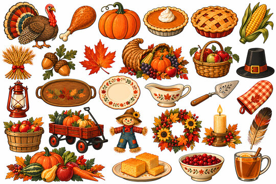 Thanksgiving holiday icon collection with turkey, pumpkin pie, cornucopia, autumn leaves, and harvest food elements isolated on white background