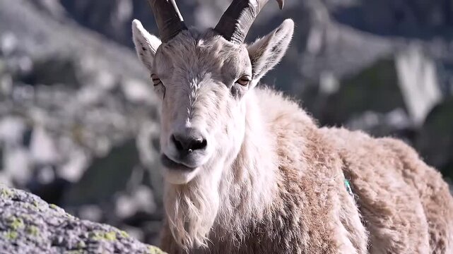 Alpine Ibex Portrait: A majestic alpine ibex with impressive curved horns stands proudly against a backdrop of rocky mountain terrain, its gaze direct and striking.