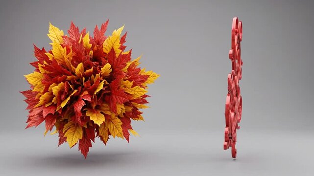 Rotating autumn leaves sphere and glossy red ornamental scrollwork floating against a neutral grey studio backdrop in a smooth motion loop