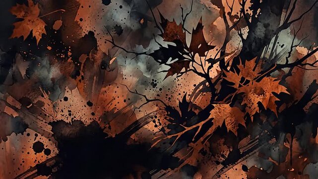 Animated autumn watercolor painting with falling maple leaves and tree branches