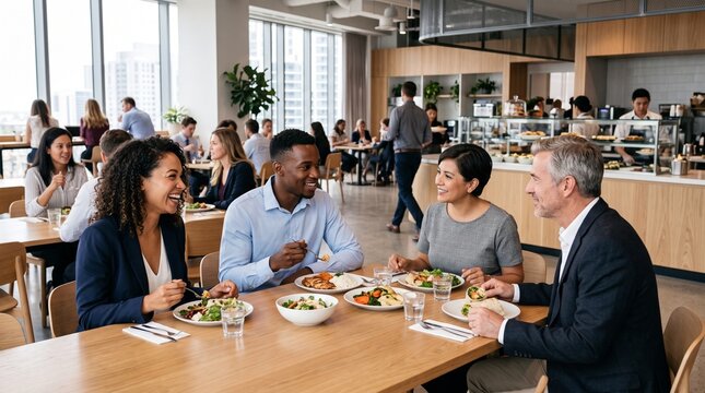 Diverse group of colleagues enjoying lunch together in a modern office cafeteria