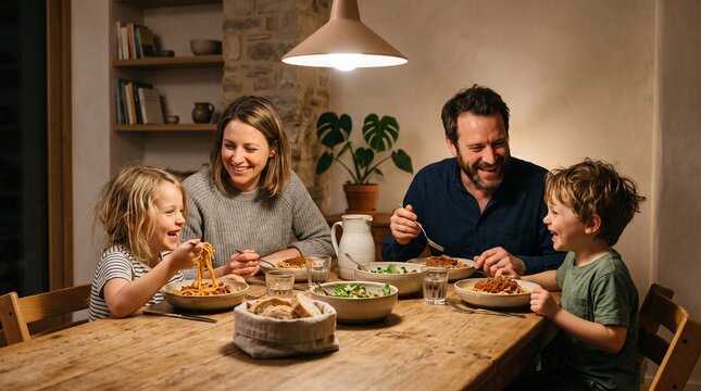 Happy family enjoying a delicious spaghetti dinner together at a rustic wooden table in a cozy home setting