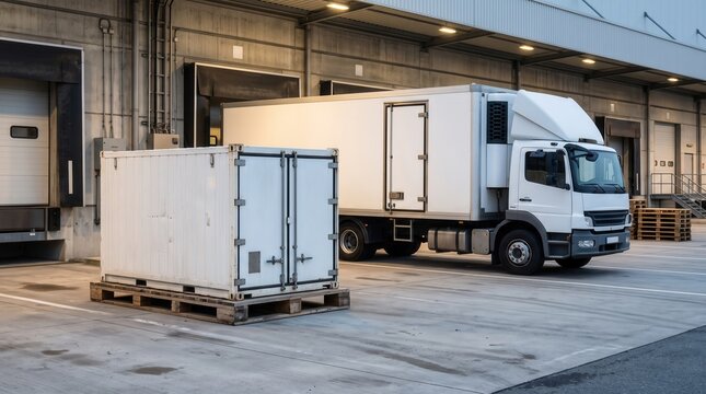 Delivery truck parked beside a container at a loading dock